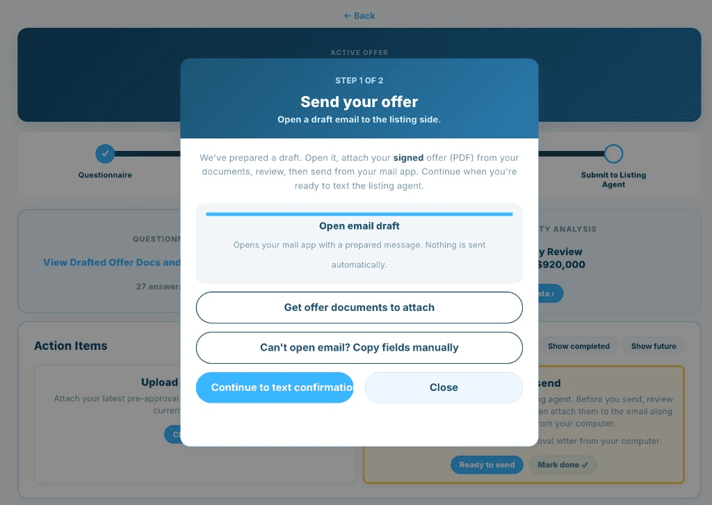 BuyUnrepped Send your offer modal with email draft and document attachment steps for the listing agent